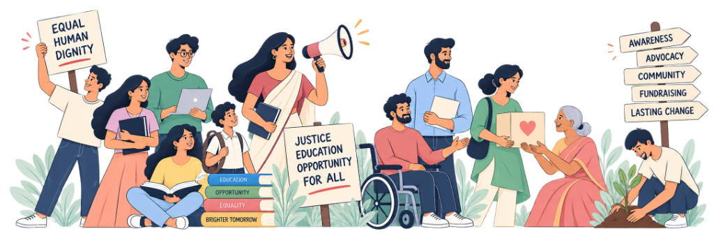 Diverse community members, youth, and activists advocating for equal human dignity, justice, education, and opportunity for all